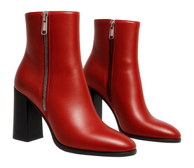 Red leather ankle boots with angular block heels and side zip