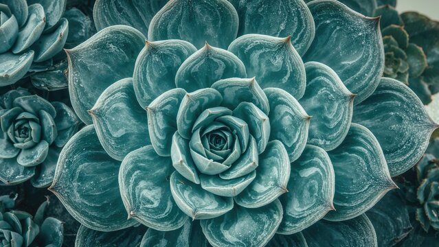 Macro image of a succulent showcasing blue-green colored leaves