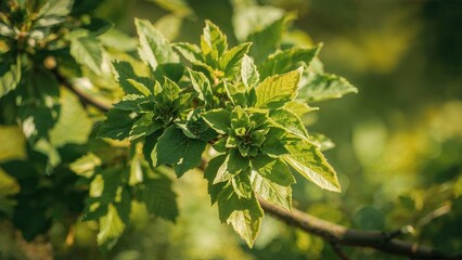 Obraz premium Zoomed-in image of verdant foliage growing from a limb