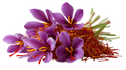 Saffron Crocus and Threads: A vibrant display of purple saffron crocus flowers and threads, a symbol of luxury and culinary delight, presenting a feast for the senses.