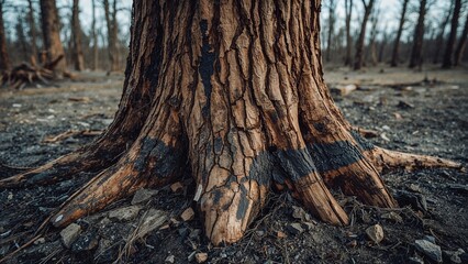 Fototapeta premium Scorched pine log with blackened surface, symbolizing ecological disaster.