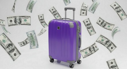 Purple suitcase surrounded by falling us dollar bills