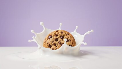 Obraz premium Splash of milk over chocolate chip cookies on a lilac-colored purple background