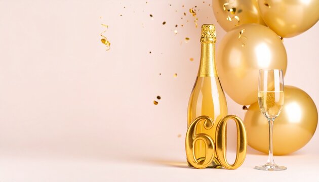 Champagne bottle and glass with number 60. Festive photo for birthday or anniversary party