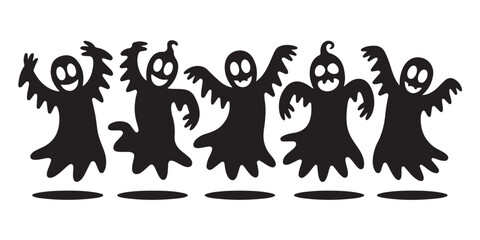 Five black silhouetted ghosts dancing happily on a white background