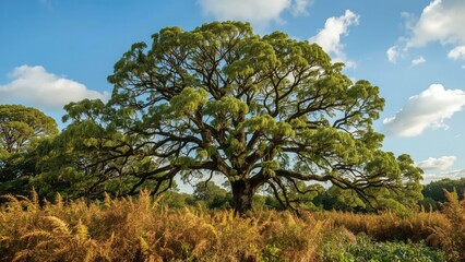 Obraz premium Skyward bracken twists in summer's embrace with lush green trees and vibrant spring scenery