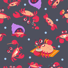 Crab pattern. cartoon template with different funny crab. seamless background