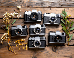 Flat lay of six vintage film cameras with dried flowers on rustic wooden background, ideal for retro photography, nostalgia, and creative still life concepts.