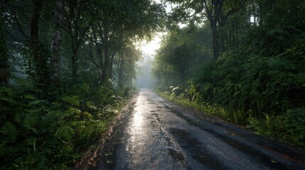 Naklejka premium Misty Forest Road At Sunrise With Lush Greenery. Serene Nature Pathway Inviting Exploration