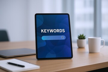 Modern Tablet Displaying Keywords Search Concept on a Clean Desk, Symbolizing Digital Marketing Strategy