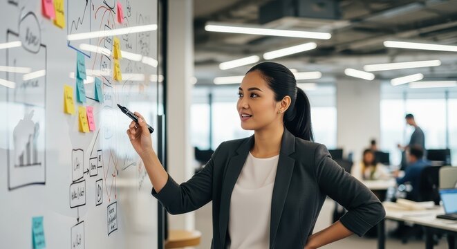A businesswoman in a modern office, drawing and explaining a plan on a whiteboard, smiling.