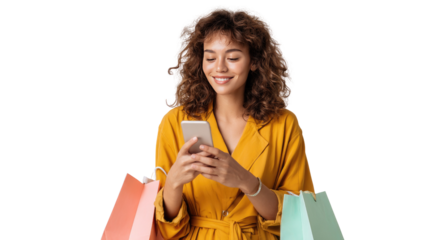 Digital Shopping Delight: A young woman immersed in the world of online shopping. A lady holding a smartphone with shopping bags in the foreground and a serene and modern setting in the background.