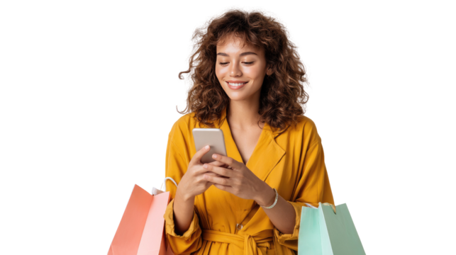 Digital Shopping Delight: A young woman immersed in the world of online shopping. A lady holding a smartphone with shopping bags in the foreground and a serene and modern setting in the background.