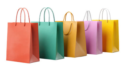 Colorful Shopping Bags Display: A vibrant array of colorful shopping bags, each a testament to the joy of retail therapy and the delight of acquiring new treasures. A visually appealing composition.