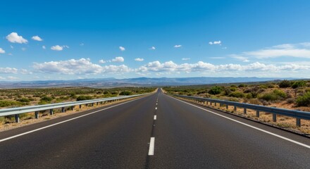 Fototapeta premium Endless Highway Open Road with Blue Sky, Desert Landscape, and Freedom.
