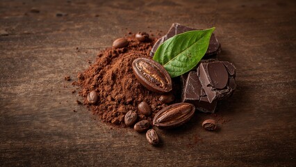 Rustic wooden table showcasing cocoa powder, beans, and chocolate pieces up close