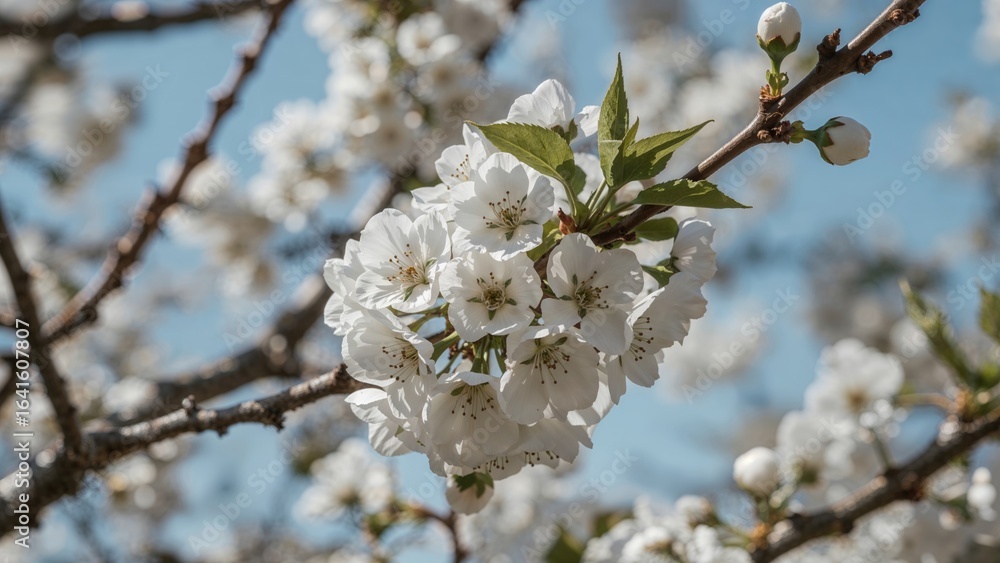 Poster sunlit cherry tree flowers in full bloom captured vertically with a soft focus sky background