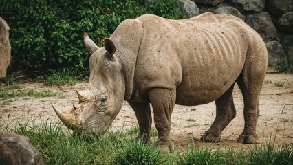 Obraz premium Captive Southern White Rhinoceros Feeding. Native to African Lands, This Species is Critically Endangered Because of Habitat Decline and Horn Poaching.