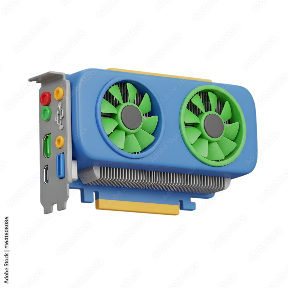 Poster 3d blue computer graphics card with green fans isolated on transparent background