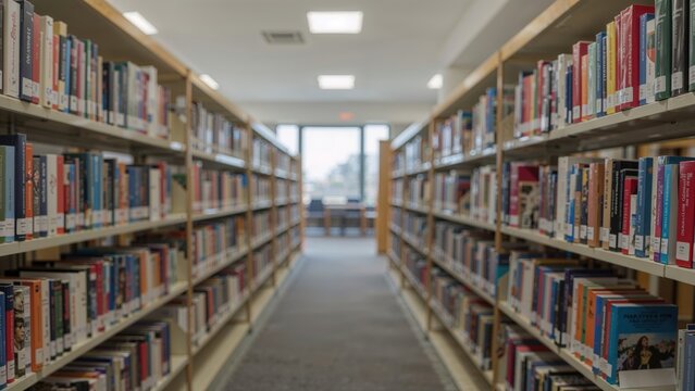 Study area with shelves filled with books, blurred interior emphasizing academic environment