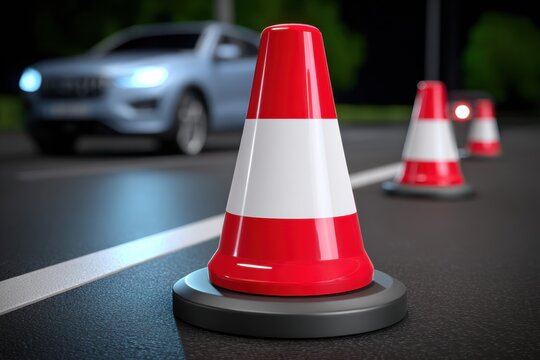 A close-up image of traffic cones on a road, indicating caution and directing vehicles, with a blurred car in the background.