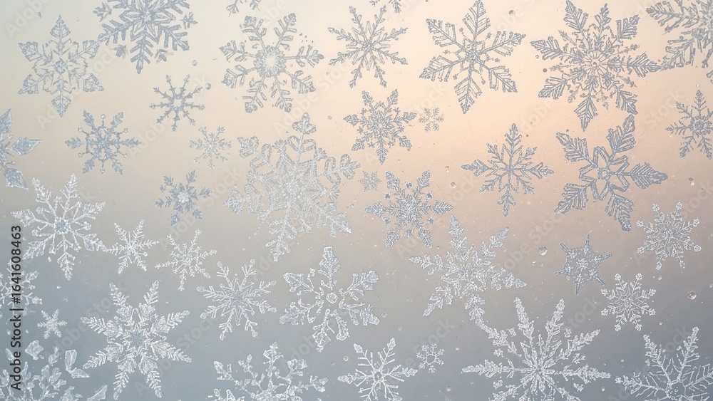 Poster holiday scene with delicate frost patterns shaped like snowflakes on a window.
