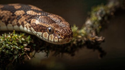 Obraz premium Macro shot focusing on the head of a mangrove pit viper with an animal nearby