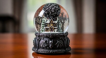 Spooky Haunted House Snow Globe with Ghosts and Bare Trees on a Wooden Surface, Perfect for Halloween Decorations and Holiday Displays, Adding a Touch of Whimsy and Festive Charm