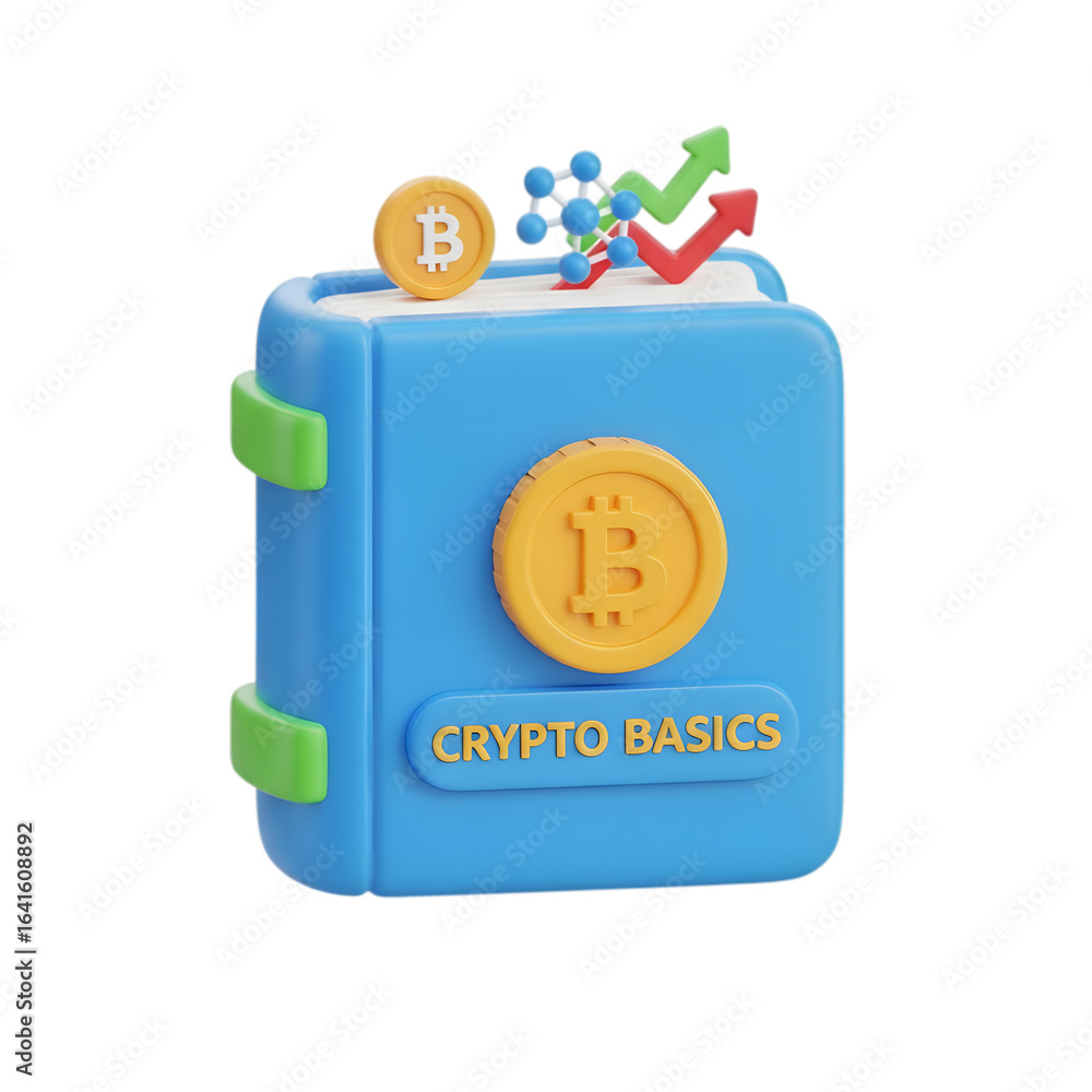 Poster crypto basics book with bitcoin symbol, growth chart and molecular structure isolated on transparent