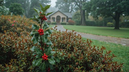 Obraz premium Rain-drenched holly shrub, walking through a park on a rainy day, bright plants in wet conditions