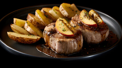 Seared Pork Tenderloin with Apples and Roasted Potatoes on a Sleek Black Plate