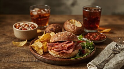 Potato chip and ham sandwich on bread