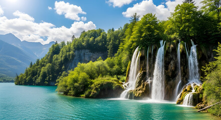 Obraz premium Discover a stunning turquoise lake with cascading waterfalls surrounded by lush green forests and majestic mountains on a perfect sunny day