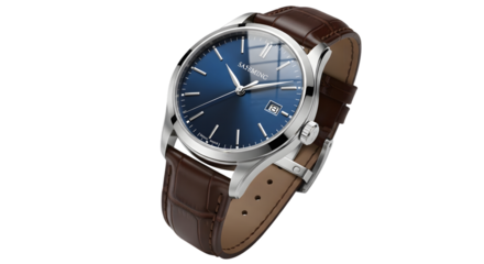 A classic mens wristwatch with a blue dial and a brown leather strap, isolated on a transparent background