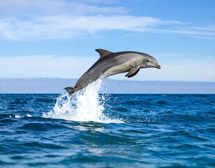 Obraz premium Majestic dolphin gracefully leaps from ocean against azure sky background