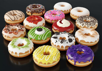Assorted Colorful Glazed Donuts with Various Toppings