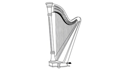 Elegant outline of a harp ready for coloring books or classical music designs, perfect for artistic projects or educational materials, a timeless instrument