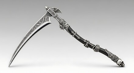 Ornate silver scythe with skull and cross details on a plain background, perfect for gothic themes, fantasy illustrations