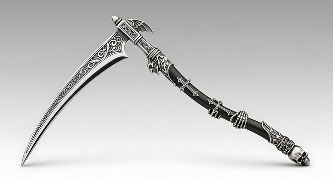 Ornate silver scythe with skull and cross details on a plain background, perfect for gothic themes, fantasy illustrations
