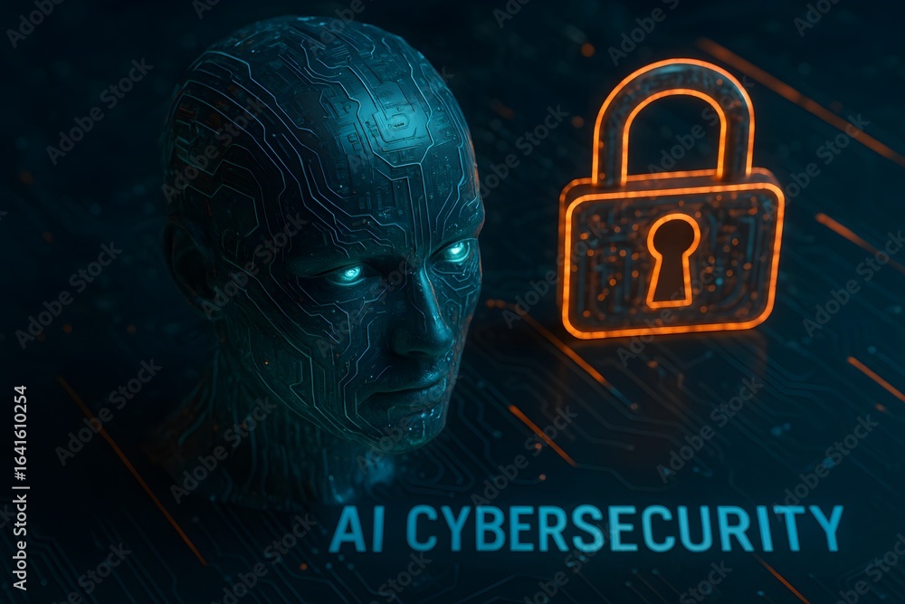 Poster digital ai head with a glowing lock, representing cybersecurity concepts.
