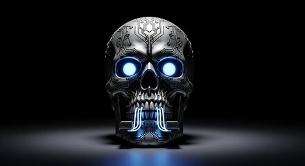 Futuristic Skull with Glowing Blue Eyes and Circuit Board Details on a Dark Background, Representing Technology, Artificial Intelligence