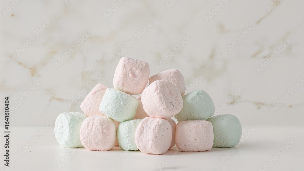 Poster macro view of colorful marshmallows laid on a marble texture