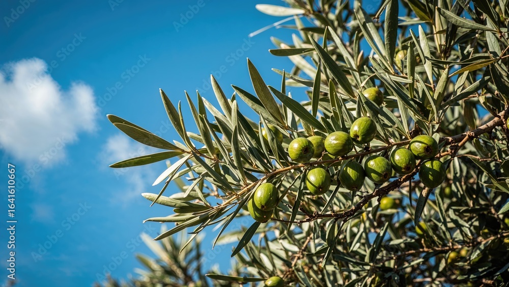 Poster cluster of olives growing on a tree branch