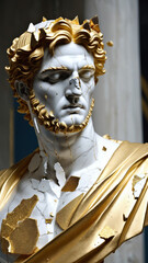 Obraz premium Luxury Marble Bust with Fragmented Gold Leaf Accents in Dramatic Lighting for Fine Art Exhibitions, High-End Interior Design, and Modern Classical Branding Concepts, Greek God, Stoic, Bodybuilding