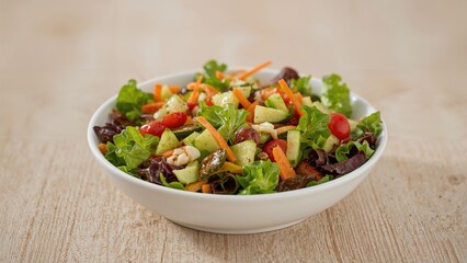 Freshly prepared salad resting in a bowl on a tabletop