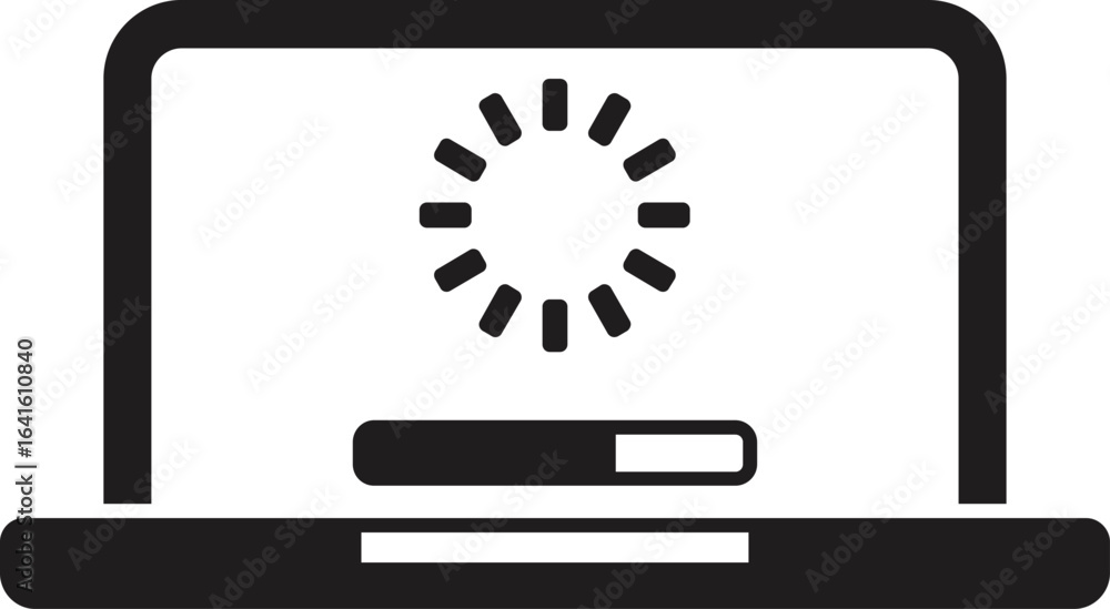 Poster software update or download process on a laptop computer, showing progress bar and buffering symbol