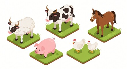 Isometric Farm Animals Cow Sheep Pig Horse Chickens on Grass