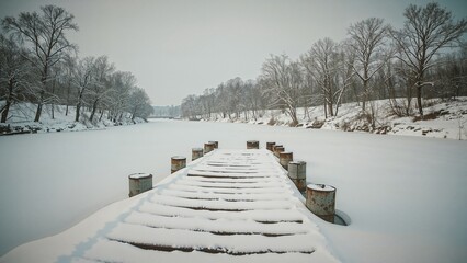 Snow-covered footbridge across a river, assembled from empty steel barrels and wooden planks, encased in ice
