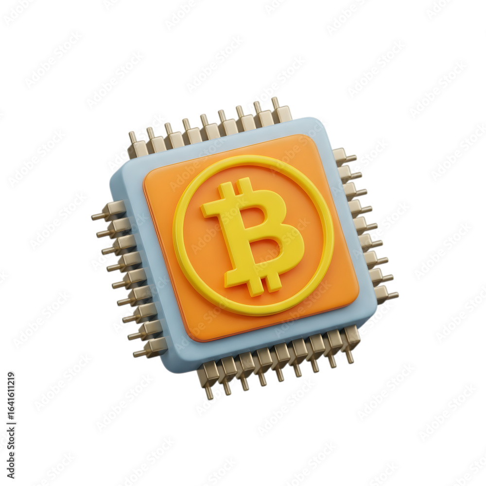 Poster 3d bitcoin symbol on a computer processor chip, isolated on transparent background