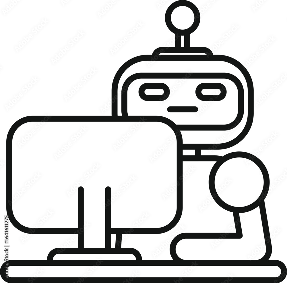 Poster chatbot working remotely from home office with computer and mouse, artificial intelligence and autom